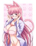  1girl animal_ears asa_(xametaler) between_breasts big_breasts blush bra breasts cat_ears cat_tail glasses jewelry large_breasts lingerie long_hair naughty_face navel necklace necktie open_clothes open_mouth original pink_bra pink_hair purple_eyes slender_waist smile solo tail toned underwear 