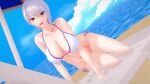  1girl 3d alluring beach big_breasts bikini insanely_hot magenta_eyes nakiri_alice ocean on_recliner rail2 recliner shokugeki_no_souma silver_eyes 