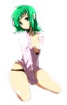  aqua_eyes breasts cleavage green_hair gumi highres kneeling marirero_a no_pants panties short_hair simple_background sitting solo underwear vocaloid white_background 