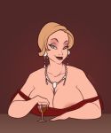  1girl alcohol aqua_eyes big_breasts blonde_hair breasts brown_background cleavage dress earrings glass hair jewelry lipstick mature necklace short_hair simple_background 