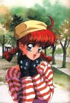  1girl :d ahoge black_gloves blue_eyes braid cute diamond eyelashes female gem gloves hat highres long_sleeves mon_mon oldschool open_mouth outdoors park ranko ranma_1/2 ranma_saotome red_hair smile solo striped striped_sweater sweater tree trees twin_braids twintails upper_body 