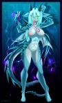  big_breasts blue_hair breasts dragon female furry green_eyes hair horns jessica_elwood_(artist) long_tongue looking_at_viewer nipples nude pussy scalie solo tail tongue 