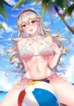 1girl :d alluring alternate_costume arms_behind_back ball banglinh1997 bangs bare_arms bare_shoulders beach beach_ball beachball beads big_breasts bikini blue_sky blush breasts breasts_apart cloud collarbone corrin_(fire_emblem) corrin_(fire_emblem)_(female) eyebrows_visible_through_hair fire_emblem fire_emblem_fates frills from_below groin hair_between_eyes hairband halterneck high_res light_brown_hair light_particles long_hair looking_at_viewer medium_breasts navel nintendo ocean open_mouth open_smile outside palm_tree pointy_ears red_eyes seaside shell shell_bikini sitting sky smile solo_female summer sunlight swimsuit tree under_boob upper_teeth wariza water