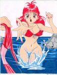  bikini bikini_bottom bikini_top bottomless embarrassing highres ocean red_eyes red_hair water 