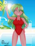 1_girl 1girl bare_arms bare_legs breasts closed_eyes danielita equestria_girls eyebrows_visible_through_hair female female_only friendship_is_magic green_hair lemon_zest long_hair mostly_nude my_little_pony older_female one-piece_swimsuit outdoor outside red_swimsuit smile solo standing swimsuit thigh_gap v whistleolder young_adult young_adult_female young_adult_woman