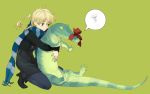 1girl animal blonde_hair blue_eyes braid copyright_request crocodile crocodilian hug hugging ie_(artist) ie_(mochi) overalls ribbon ribbons scarf twin_braids
