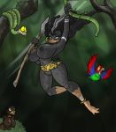 big_breasts breasts duck female feral furry jewelry jilo jungle loincloth lordstevie original original_character parrot polearm pussy snake solo spear swinging tree vines