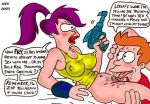  blush bottomless breasts character_name cunnilingus english_text futurama nev_(artist) oral orange_hair philip_j._fry purple_hair text turanga_leela 
