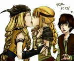  1boy 2girls arm_grab astrid_hofferson blonde_hair blue_eyes blush braid brown_hair closed_eyes featured_image freckles french_kiss from_side green_eyes hair headband headgear helmet hiccup hiccup_horrendous_haddock_iii how_to_train_your_dragon kiss kissing long_hair looking_at_another multiple_girls netorare open_mouth profile ruffnut short_hair simple_background tongue trembling upper_body white_background yuri 