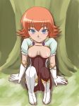  bakugan bakugan_battle_brawlers bakugan_new_vestroia blush boots breastless_clothes breastless_clothing breasts forest framed_breasts gloves mira mira_clay mira_fermin sitting smile suit takappe 