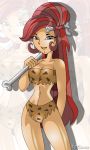 asian asian_female black_eyes bone breasts cartoon_network cleavage heather_(tdi) hourglass_figure leopard_print lipstick loincloth long_hair navel red_hair smile thick_ass thick_legs thick_thighs total_drama_island weapon x^j^kny_(artist)