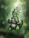  2010 belly big_breasts breasts chubby dinosaur fat female furry jungle lordstevie lordstevie_(artist) nipples plump rain scalie solo triceratops 