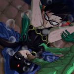  beast_boy blue_eyes breast_squeeze dc dcau green_skin group_sex hood lying mask pale_skin panties_aside penis precum pussylicking raven_(dc) robin spread_legs teen_titans thigh_squeeze 