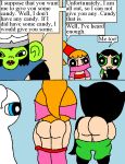 3girls ass black_hair blonde_hair blossom_(ppg) blue_eyes bob_cut bubbles_(ppg) buttercup_(ppg) cartoon_network comic flashing_ass green_eyes mojo_jojo mooning multiple_girls pelless powerpuff_girls red_eyes red_hair siblings sisters tied_hair twintails