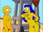  2girls areolae beach black_eyes blue_hair blue_pubic_hair breasts collarbone eyelashes lifeguard lisa_simpson marge_simpson multiple_girls navel necklace nipples nude nude_beach pearls pubic_hair public_nudity the_simpsons yellow_skin 