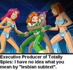  bikini bodysuit clenched_teeth green_bodysuit metal_bikini open_mouth pink_hair purple_hair red_hair restrained sam_(totally_spies) screenshot smile text totally_spies 
