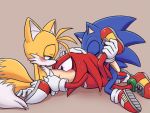 ahoge anal blush fellatio furry group_sex karlo knuckles_the_echidna leg_hold male_focus miles_&quot;tails&quot;_prower multiple_boys multiple_tails oral sex sonic sonic_the_hedgehog spitroast sweat tail threesome yaoi