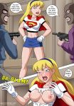  1girl blonde_hair blue_eyes blush breasts dc dc_comics dcau embarrassing gloves gun justice_league justicehentai.com kara_zor-el miniskirt nipples no_bra stripped_by_other supergirl superman:_the_animated_series superman_(series) text torn_clothes weapon 