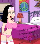  1girl 2010 american_dad bed bedroom big_breasts black_hair bra breasts female_only hayley_smith jgbm lipstick open_mouth panties peace_symbol peace_symbol_poster poster stockings 