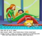  3_girls 3girls alex_(totally_spies) black_hair blonde_hair bodysuit closed_eyes clover_(totally_spies) hair multiple_girls open_mouth red_hair sam_(totally_spies) screenshot text top-down_bottom-up totally_spies 