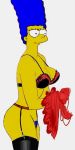  1girl artist_request blue_hair blue_pubic_hair bra breasts garter_belt grey_background lingerie marge_simpson pubic_hair simple_background solo source_request stockings the_simpsons yellow_skin 