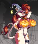 big_breasts bovine breasts cow eltonpot female furry halloween mellany_mellons one_eye_closed pumpkin pumpkin_breasts solo tail thong wink witch_hat