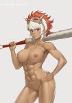  1girl 1girl 1girl abs big_breasts breasts censored club contrapposto cowboy_shot dakkalot dark_skin fire_emblem fire_emblem_heroes fire_emblem_if grey_background holding holding_weapon mask mask_on_head mosaic_censoring multicolored_hair muscle muscular_female nintendo nipples nude oni patreon_logo patreon_username pink_hair pussy red_eyes rinkah_(fire_emblem) short_hair simple_background spiked_club two-tone_hair uncensored weapon white_hair 
