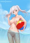  1girl areola artist_name ball beachball big_breasts blue_sky breasts brown_eyes censored closed_mouth cloud dakkalot day female_only fire_emblem fire_emblem:_awakening holding_beachball long_hair looking_at_viewer medium_breasts navel nintendo nipples nude outside partially_submerged partially_underwater_shot pussy reflet reflet_(female) robin_(fire_emblem)_(female) sky smile solo_female standing tied_hair twin_tails wading water white_hair 