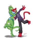 cat closed_eyes clothed couple crossgender dalus dalus_(artist) dalus_(character) duo feline female furry genderswap green horns hug hugging lizard male red scalie shaw_(character) skimpy standing tail white_background