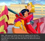  2girls alex_(totally_spies) backpack black_hair blonde_hair bodysuit bottomless closed_eyes clover_(totally_spies) edit french_caption hair hugging multiple_girls screenshot smile totally_spies 