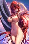  1girl areola areola_slip bangs bare_shoulders been behind_back big_breasts black_nails blush breasts clavicle closed_mouth cowboy_shot criss-cross_halter elesis_(elsword) elsword eyebrows_visible_through_hair female_only groin halter_top halterneck hand_up high_resolution holding_surfboard large_filesize legs_together long_hair looking_away nail_polish navel nipples nude ocean outside red_eyes red_hair sidelocks sky solo_female standing stomach surfboard very_high_resolution very_long_hair wet 