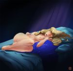  1girl bed blonde_hair breasts cum cum_on_body cum_on_breasts cum_on_face disney facial female female_only pillow princess_aurora sleeping sleeping_beauty solo storefront8 