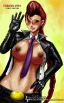  between_breasts braid breasts capcom crimson_viper dark-skinned_female dark_skin earrings erect_nipples gloves jacket jewelry large_breasts leather long_hair midriff necktie nipples no_bra no_panties open_clothes open_shirt pompadour red_hair shirt smirk street_fighter street_fighter_iv sunglasses thong-revolution thong_revolution watermark 