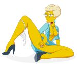 blonde_hair breasts earring erect_nipples hair lindsey_naegle nipples no_bra panties panties_around_leg pussy short_hair spread_legs spread_pussy tapdon the_simpsons uncensored upskirt white_background yellow_skin