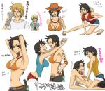 2boys 3_girls 3girls abs armpits bikini_top black_eyes black_hair bracelet breasts cleavage clenched_teeth denim denim_shorts genderswap hair jewelry log_pose luffy&#039;s_daughter luffyko monkey_d._luffy multiple_boys multiple_girls nami namizou necklace newspaper nipples one_piece open_mouth portgas_d._ace portgas_d._anne sandals sanji sanji&#039;s_daughter sanjiko scar short_hair short_shorts shorts smile tattoo teeth text translation_request