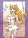  big_breasts breasts filmation hair lipstick masters_of_the_universe nipples no_panties ryan_kinnaird_(artist) shaved_pussy she-ra she-ra_princess_of_power skirt sword weapon 