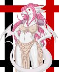  big_breasts breasts dragon ear_tufts female furry hair hands_on_hips loincloth long_hair long_pink_hair looking_at_viewer midriff mohumohu navel original pink_hair red_eyes scalie skimpy slave_outfit tail unconvincing_armour underwear white wings 