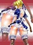  1girl alternate_costume ass back black_legwear blonde_hair bow cameltoe dress fate/stay_night fate_(series) from_behind garters hair_bow natsuno_suika panties saber saber_(character) solo stockings thighhighs underwear upskirt white_panties wrist_cuffs zoom_layer 