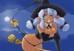 1girl aqua_eyes ass_crack bare_shoulders black_panties blue_eyes blue_hair blush breasts broom broom_riding bustier butt cleavage corset dark_skin elbow_gloves embarrassing full_moon funny gloves halloween hat highres jack-o&#039;-lantern jack_o_lantern lingerie looking_back naitou_kouse navel one_eye_closed open_mouth original panties panty_pull pointy_ears pumpkin solo surprise thong twin_tails underwear wedgie wink witch witch_hat