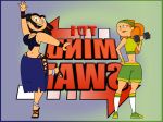 black_hair breasts cartoon_network cleavage curly_hair drago-flame dumbbell eva_(tdi) green_eyes hourglass_figure izzy_(tdi) navel open_mouth orange_hair ponytail shorts smile thick_ass thick_legs thick_thighs total_drama_island whale_tail