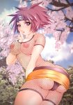 1girl 2dcg anko_mitarashi ass bad_anatomy big_breasts black_panties blue_sky bodysuit breasts cherry_blossoms cleavage cloud curvy exhibitionism female_only finger_to_mouth fishnet_bodysuit fishnet_top from_behind headband leaning_forward looking_back miniskirt naruto ninja nipples open_mouth outdoors outside panties pantyshot pantyshot_(standing) photo_background ponytail public public_nudity purple_eyes purple_hair see-through short_hair skirt skirt_lift sky solo solo_female spiked_hair standing thighs underwear upskirt