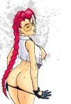 1girl ass braid breasts capcom crimson_viper erect_nipples female_only gloves looking_back nipples no_bra onagi open_clothes open_shirt panties panty_pull red_hair shirt single_braid solo street_fighter street_fighter_iv sunglasses sweat uncensored underwear