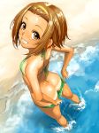 1girl arms_behind_back ass back bare_legs bare_shoulders beach bikini bikini_pull bikini_tan brown_eyes brown_hair butt_crack downpants dripping feet_in_water flat_chested forehead foreshortening from_above from_behind full_body green_bikini grin hairband highres k-on! kneepits legs looking_at_viewer looking_back looking_up mumu ocean outdoors pulled_by_self ritsu_tainaka shiny shiny_hair shiny_skin small_breasts smile soaking_feet solo_female standing swimsuit tainaka_ritsu tan tan_line tanned teeth wading water wet wet_clothes