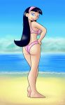 2010 ass beach bikini black_hair blue_eyes breast_grab breasts drxii eyeshadow hand_on_breast hand_on_hip headband looking_back ocean rear_view smile the_fairly_oddparents trixie_tang viewed_from_behind