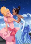 2_girls breasts charlotte_la_bouff clothed dark-skinned_female disney dress earrings exposed_breasts female_only gloves interracial light-skinned_female princess_tiana the_princess_and_the_frog yuri yuri_haven