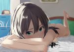 1girl ass barefoot bed bedroom blue_eyes blurry blush breasts brown_hair depth_of_field hangaku_(araara) hangaku_(araara0616) idolmaster idolmaster_cinderella_girls looking_at_viewer lying nude on_stomach shibuya_rin sideboob solo