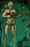 1girl blonde_hair breasts ganassa gun sergeant_tamora_jean_calhoun short_hair shorts topless weapon wreck-it_ralph