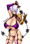  1girl asymmetrical_clothes breasts breasts_bigger_than_head dominatrix female_only female_solo huge_breasts human human_only isabella_valentine massive_breasts midriff milf revealing_clothes short_hair skimpy skimpy_clothes solegemart solo_female soul_calibur thighs unusual_weapon white_hair 