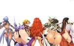 armor ass blonde_hair breasts echidna echidna_(queen&#039;s_blade) huge_ass leina leina_(queen&#039;s_blade) lipstick miko musha_miko queen&#039;s_blade red_hair risty risty_(queen&#039;s_blade) shield sword thong tomoe tomoe_(queen&#039;s_blade) view_from_behind weapon