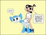 anal ass bent_over black_eyes black_hair blue_hair boots bottomless from_behind jenny_wakeman manuel_hogflogger my_life_as_a_teenage_robot pants_down robot sheldon_lee short_hair smile surprise sweat_drop twin_tails 